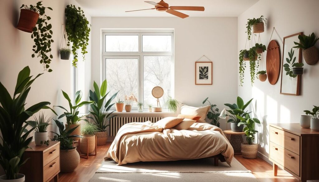 Bedroom with air-purifying plants and natural decor