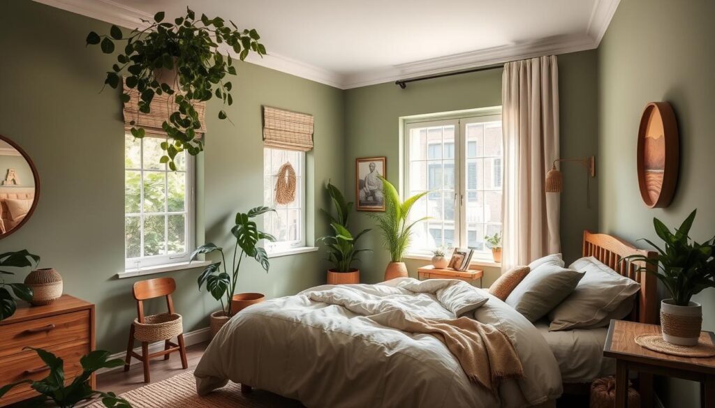 Bedroom with green walls and natural decor