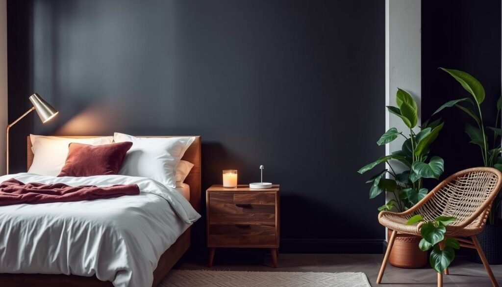 Contrasting elements in dark bedroom