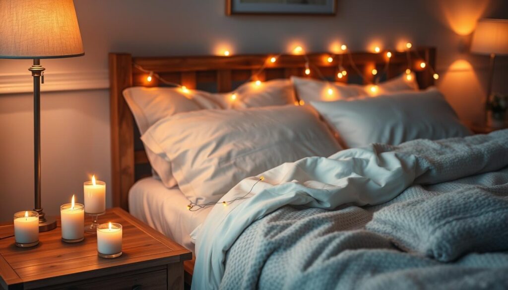 Cozy bedroom with candles and fairy lights