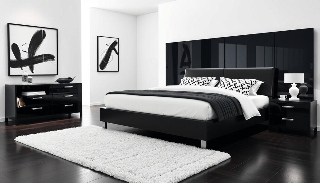 black and white bedroom