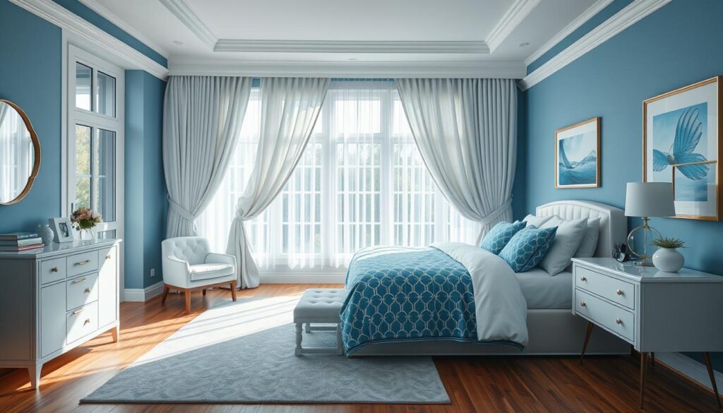 blue and white bedroom