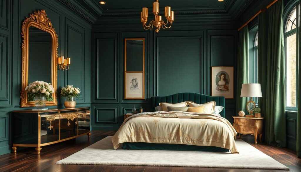 luxurious green and gold bedroom
