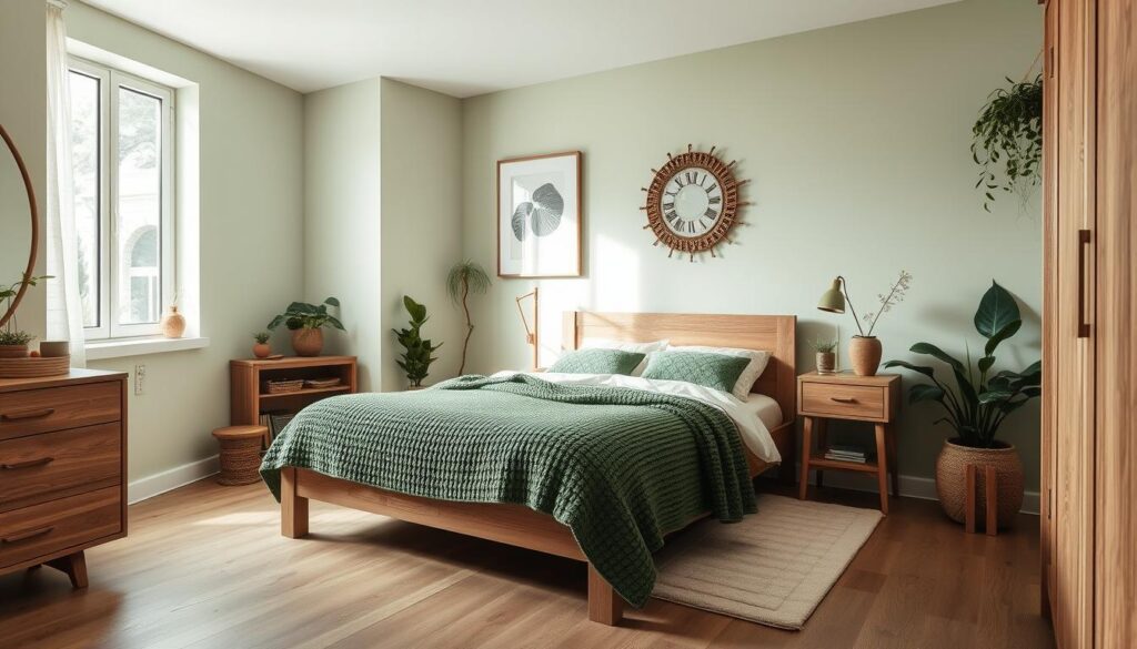 natural wood and green bedroom