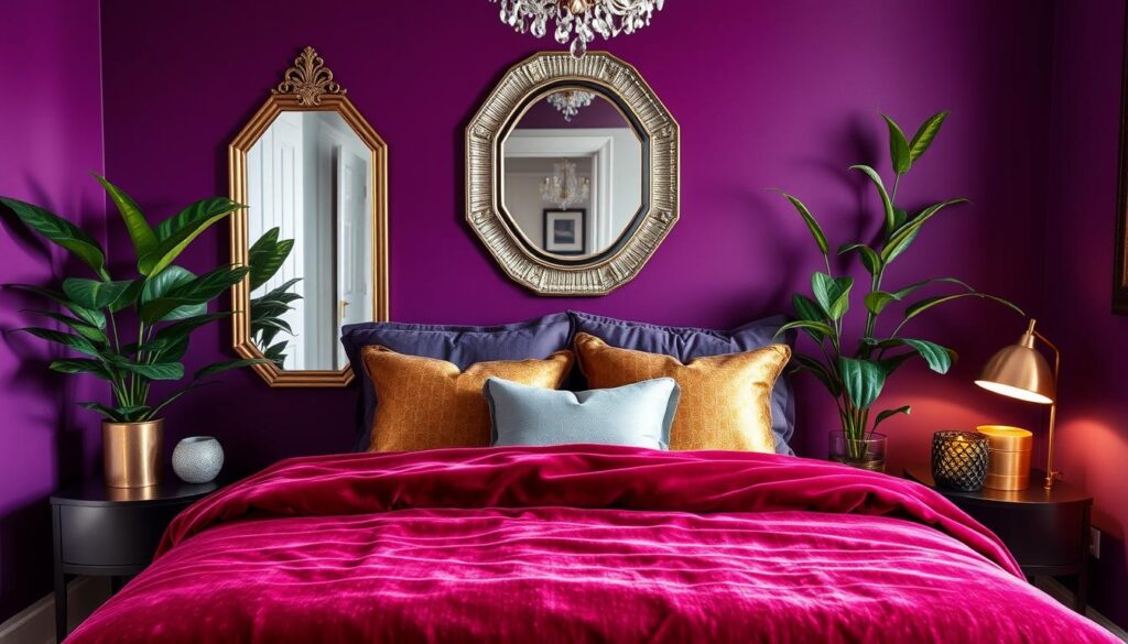 purple and metallic bedroom decor