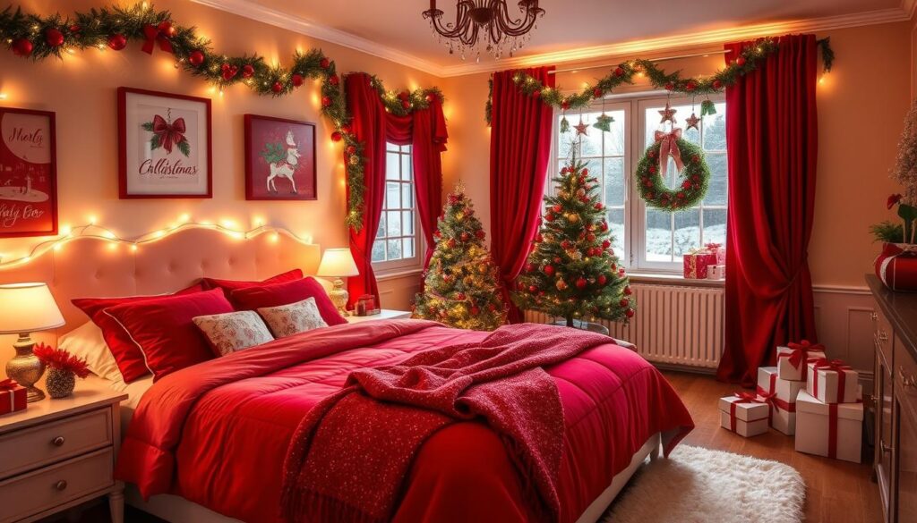 Festive red accents in bedroom