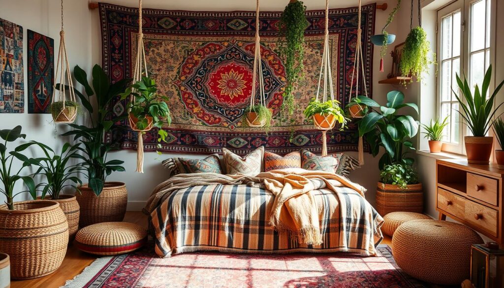 boho bedroom with mixed patterns