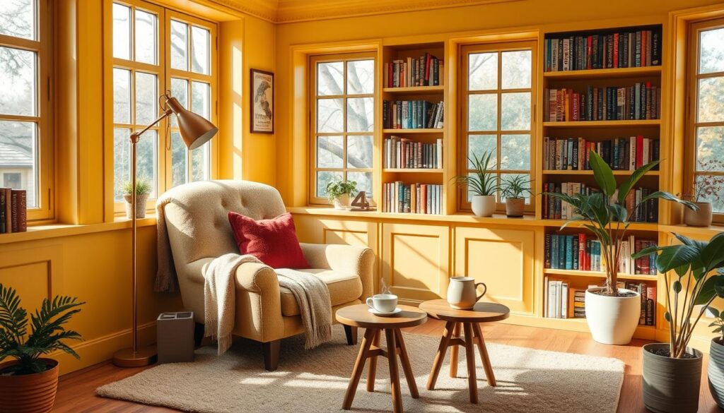 cozy yellow reading nook