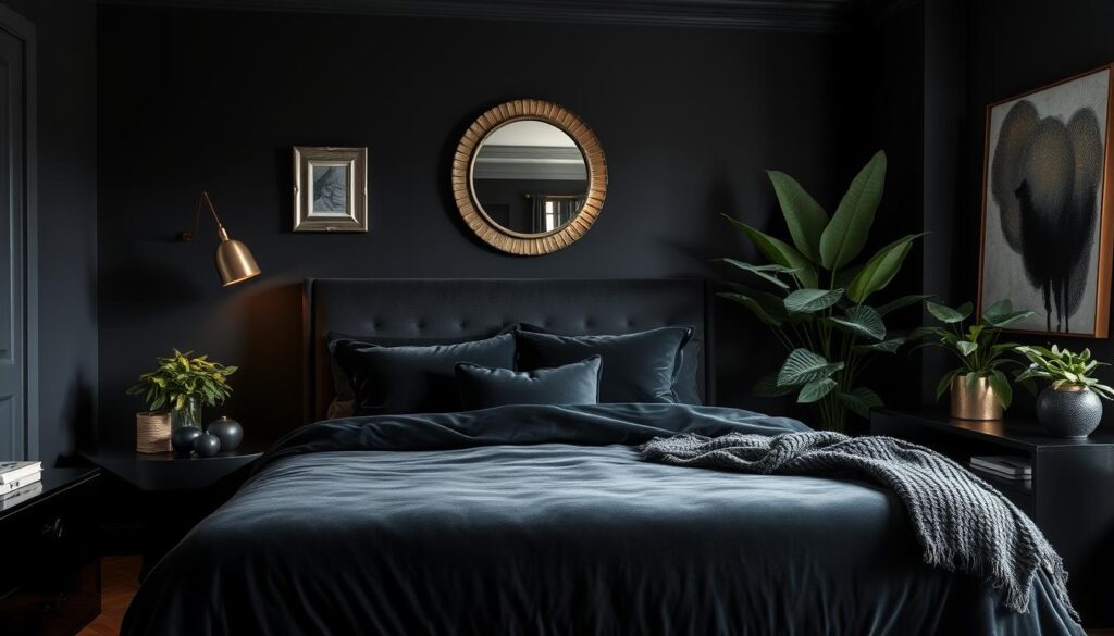 moody black bedroom