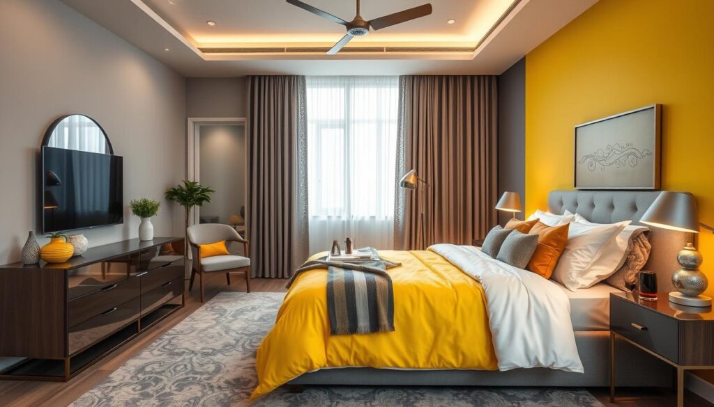 yellow and gray bedroom